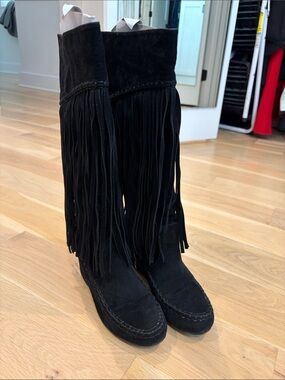 Nature Breeze Black Suede Fringe Moccasin Boots
